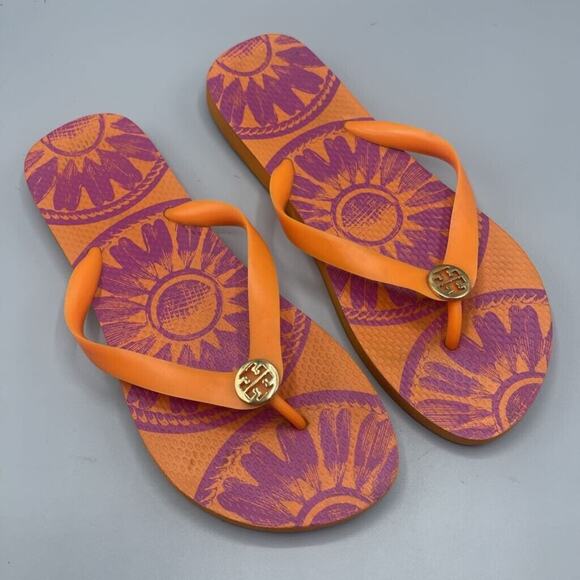 Tory Burch Sandals Womens 9 Flip Flop Thong Orange Flat Slides Vacation Beach - Picture 1 of 6
